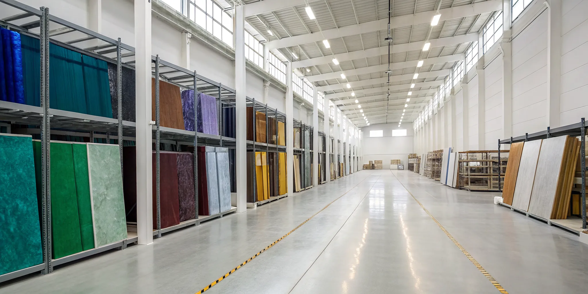 Large stained glass sheets organized on racks at a wholesale supplier.
