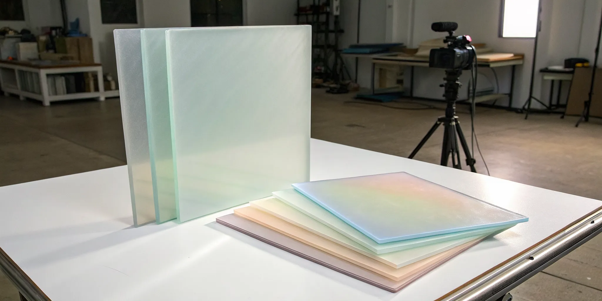 Colorful opalescent glass sheets for stained glass and mosaic art projects.