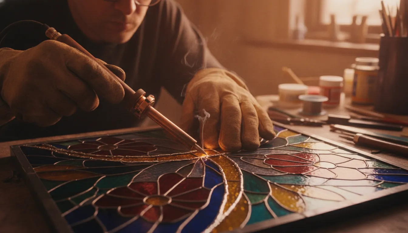 Stained glass artist soldering a colorful glass panel with a professional temperature-controlled soldering iron