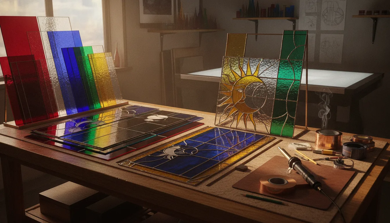 Stained glass artist workspace with colorful glass sheets, copper foil, and a partially completed panel