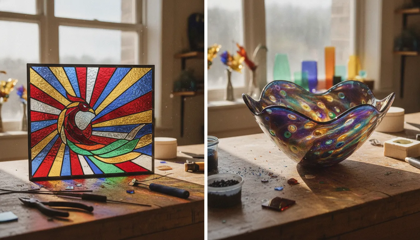 Stained glass panel and fused glass bowl side by side on a workbench