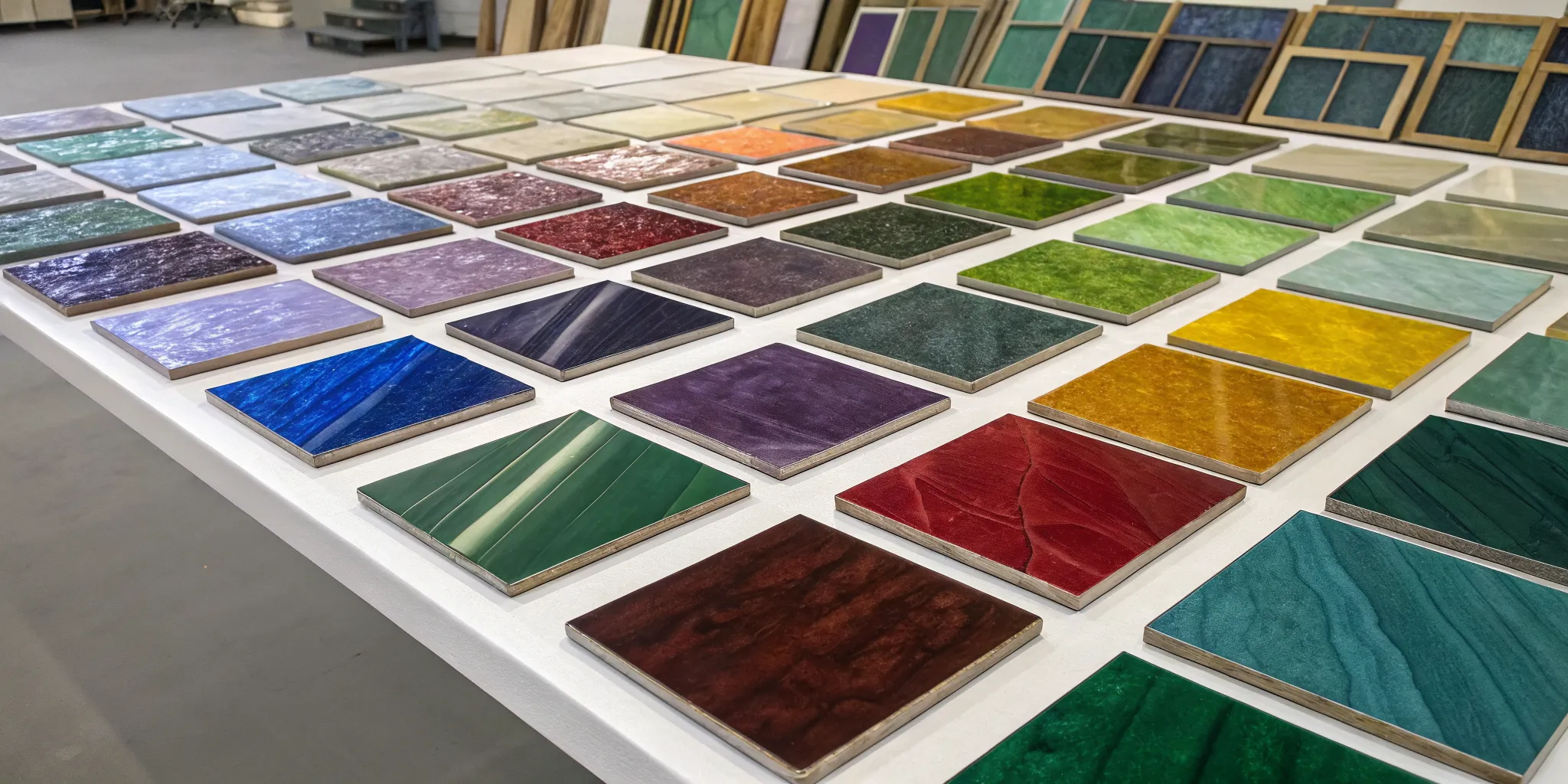 A variety of colorful stained glass sheets with different textures and patterns.
