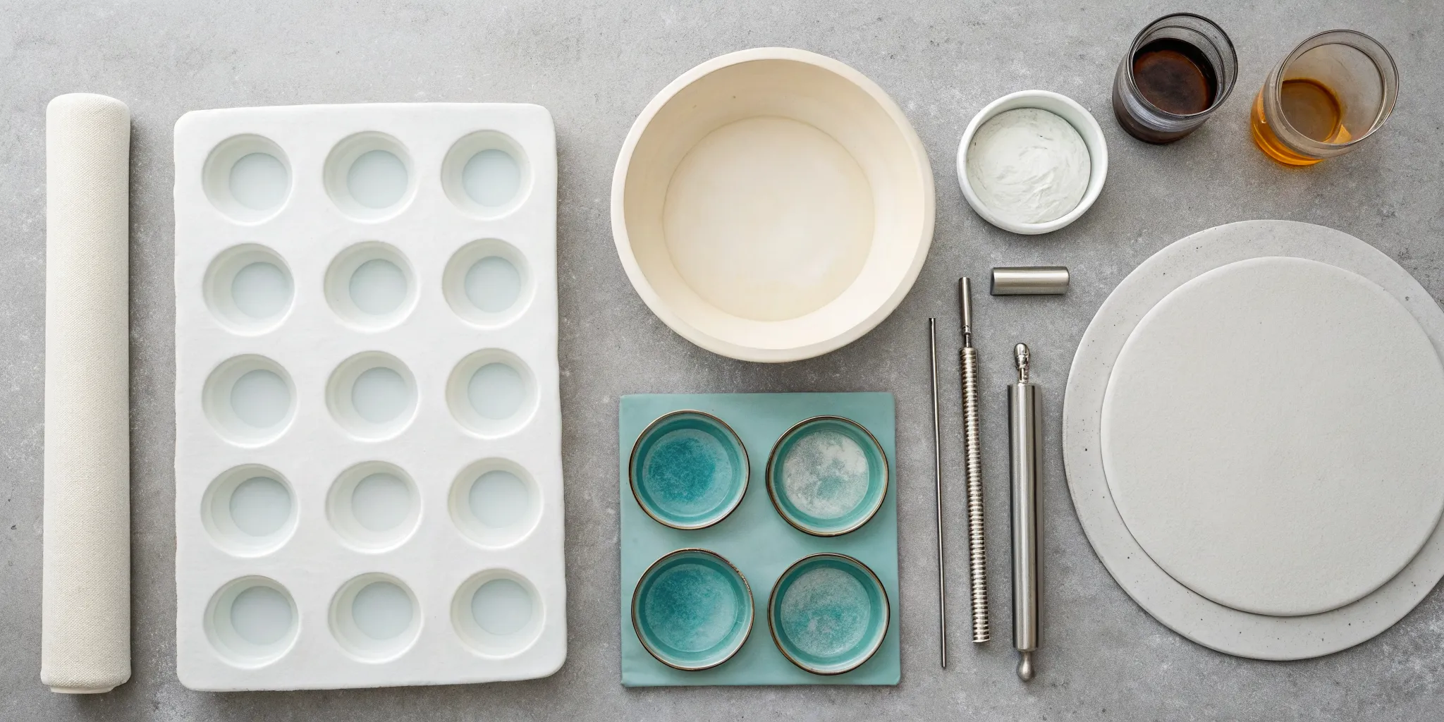 Glass slumping supplies including fusible glass, slumping molds, and kiln wash.