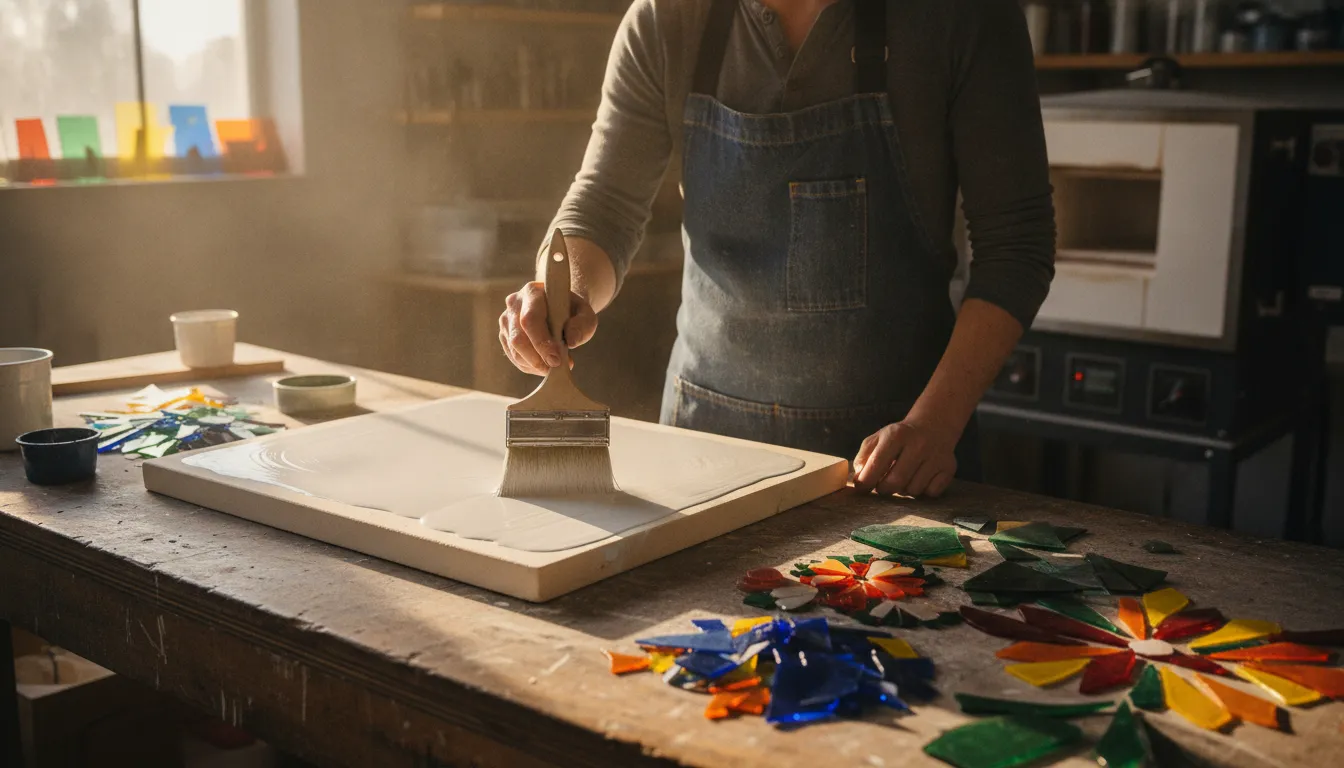 Glass artist applying kiln wash to a kiln shelf in a bright studio