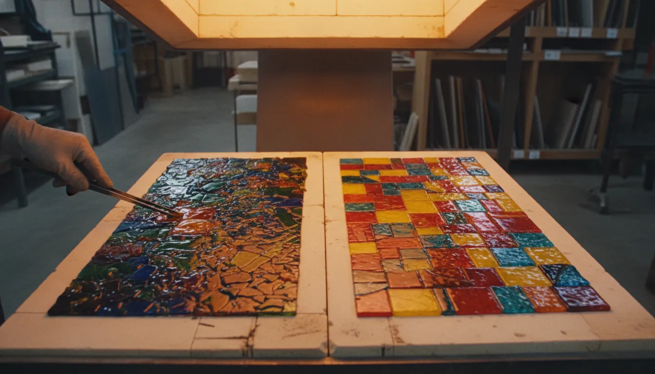 Two glass art panels side by side on a kiln shelf with colored glass pieces arranged for fusing