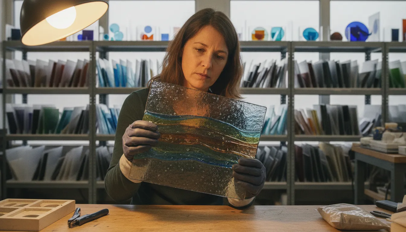 Glass artist inspecting a fused glass piece for surface clarity after kiln firing in a well-lit studio