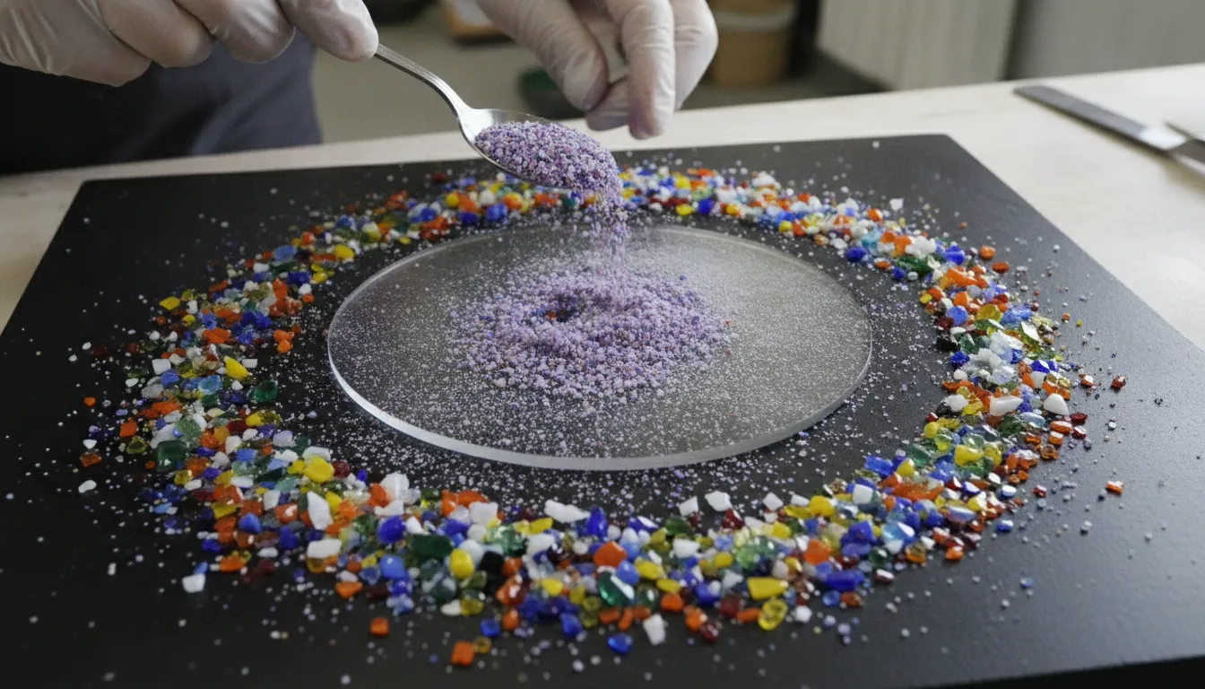 Colorful crushed glass frit granules and fine powder scattered on a black kiln shelf for fusing