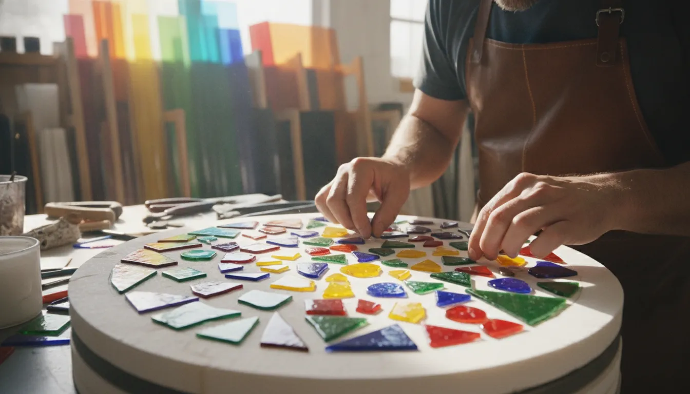 Glass artist arranging colorful fused glass pattern pieces on a kiln shelf in a bright studio