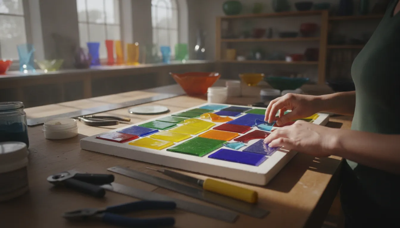 Glass artist hands arranging colorful sheets of fusible glass on a white kiln shelf with glass cutting tools nearby