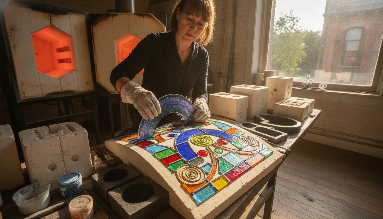 Glass artist positioning a curved fused glass panel onto a slumping mold beside an open studio kiln