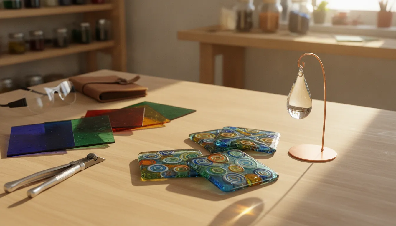 Freshly fused glass coasters and a small clear pendant catching warm workshop light on a studio table