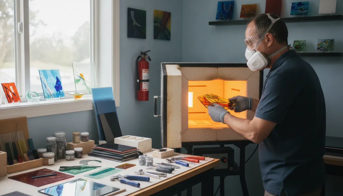 A home glass fusing artist wearing protective safety glasses and a respirator mask working safely at a kiln in a bright home studio