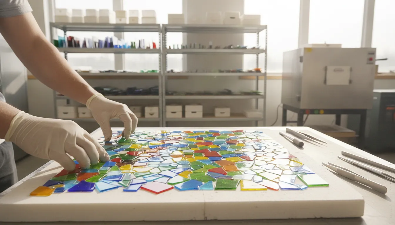 Glass artist arranging colorful glass sheets and fusing tools on a kiln shelf in a bright studio