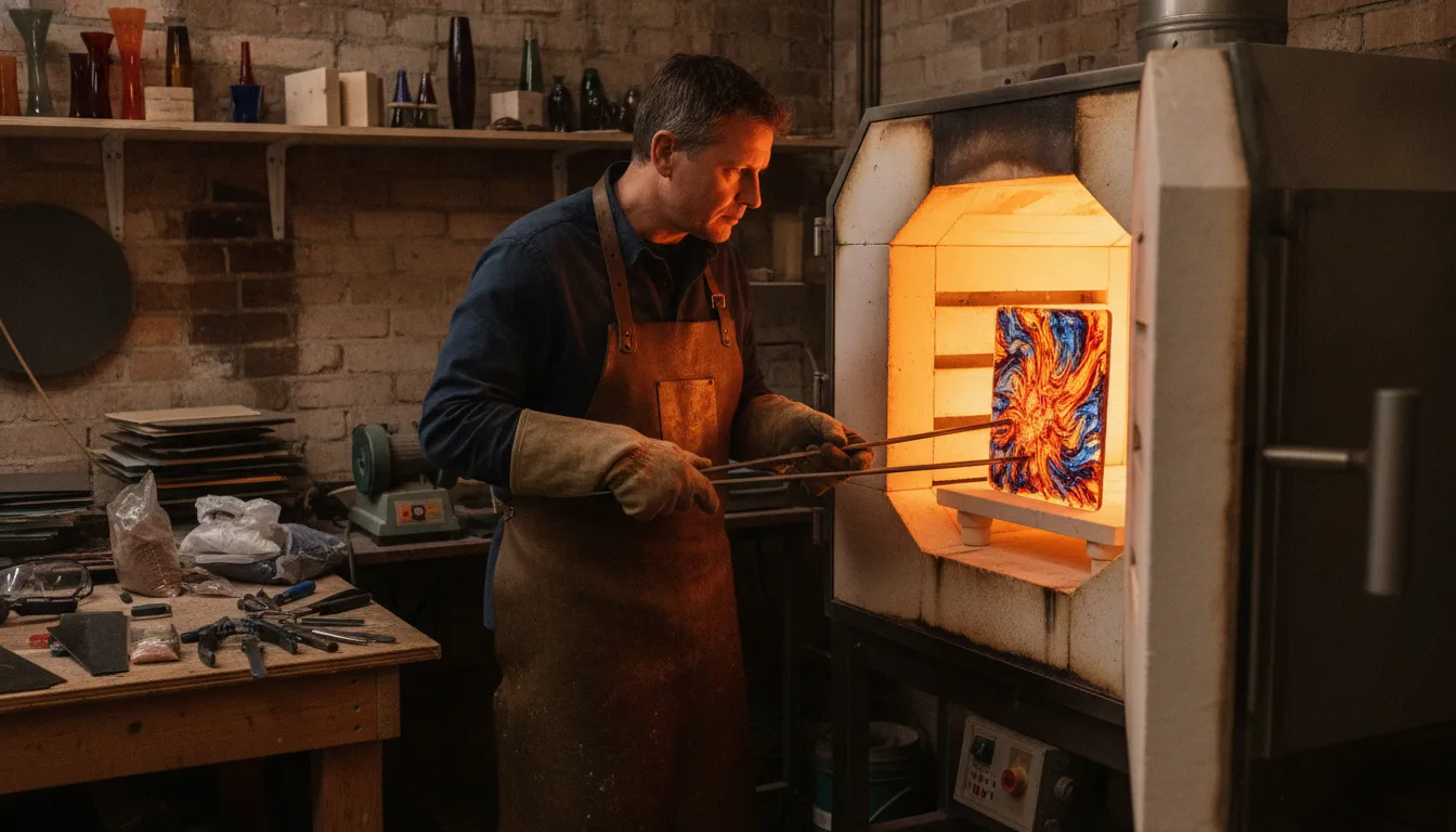 Glass artist examining a fused glass piece inside an open kiln in a professional studio