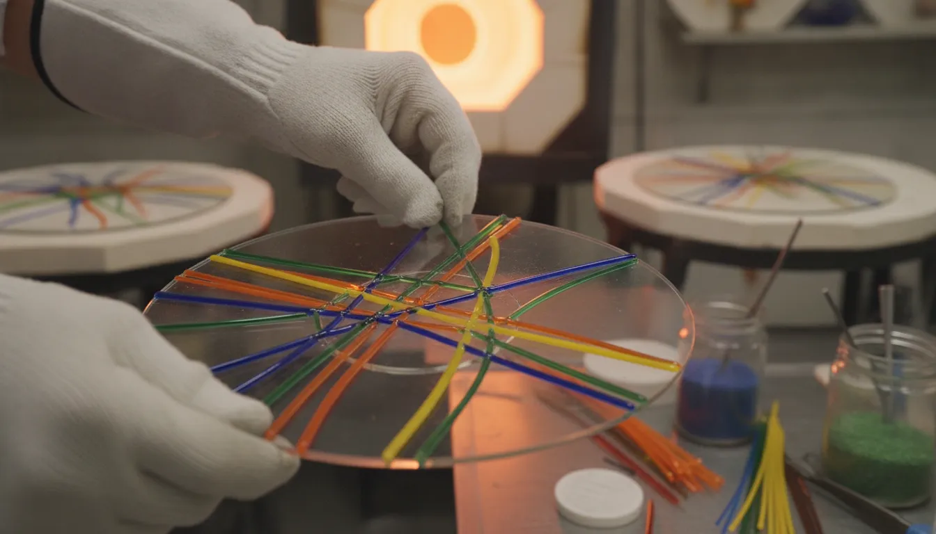 A glass artist's hands arranging slender colored glass stringers into a linear design on a clear glass base in a fusing studio
