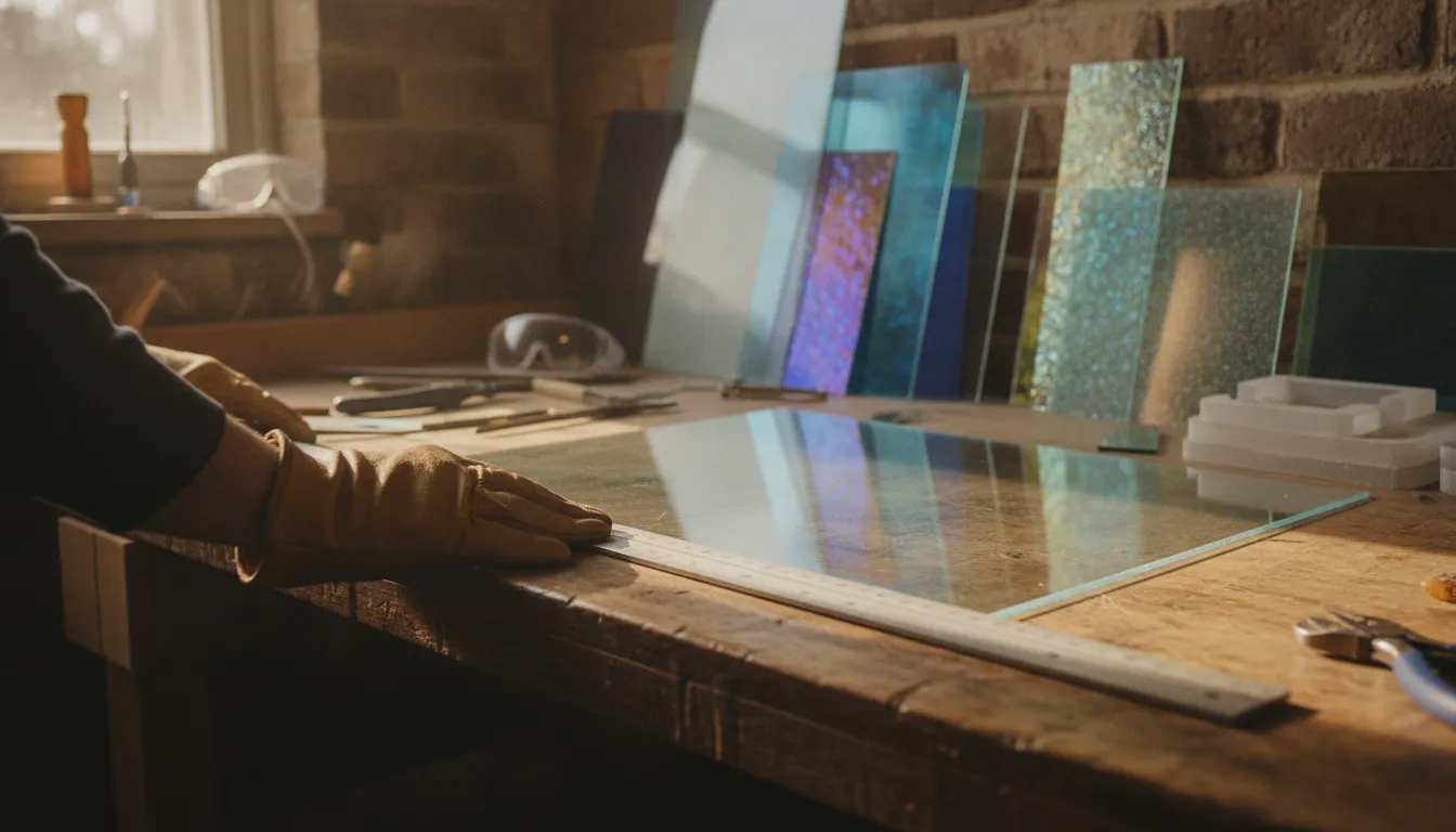 Glass artist scoring a sheet of fusible glass with a handheld glass cutter on a studio workbench