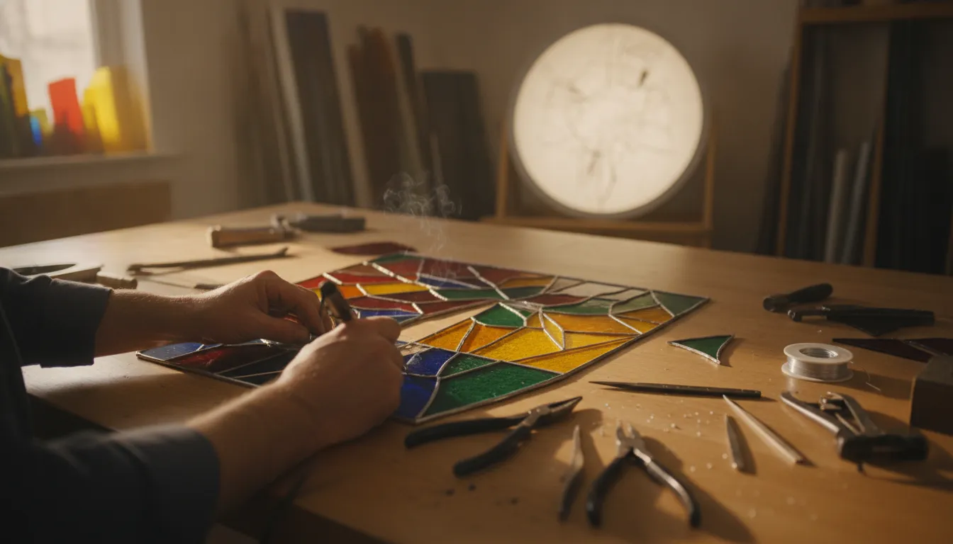 Artist assembling a lead came stained glass panel on a studio workbench