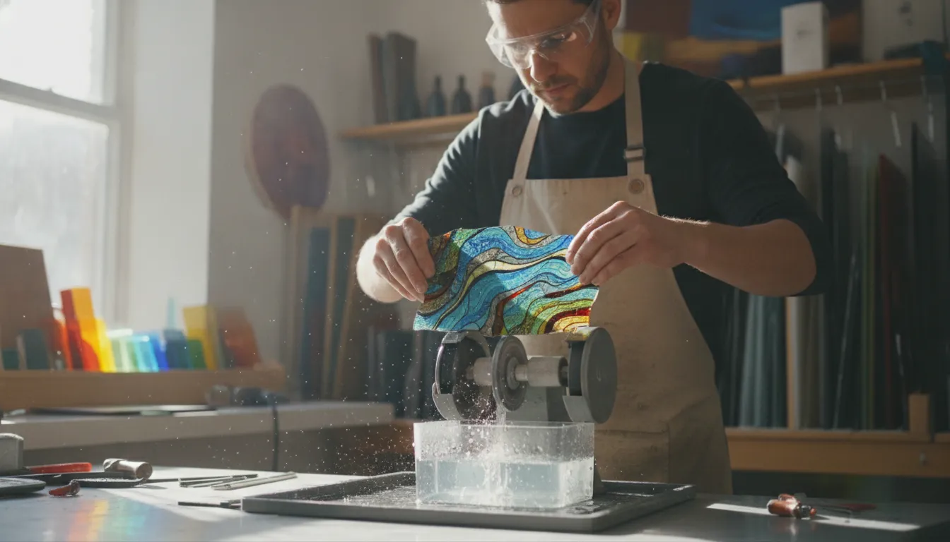 Artist using a stained glass grinder on a colorful glass piece in a studio