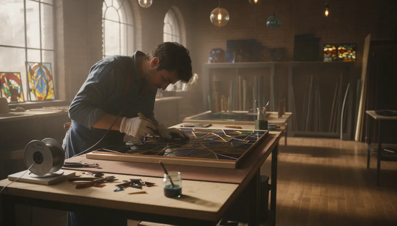Glass artist soldering a copper foil stained glass panel on a studio workbench
