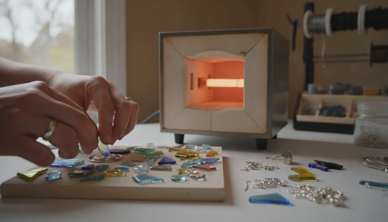Artist arranging dichroic glass pieces and jewelry supplies in a studio