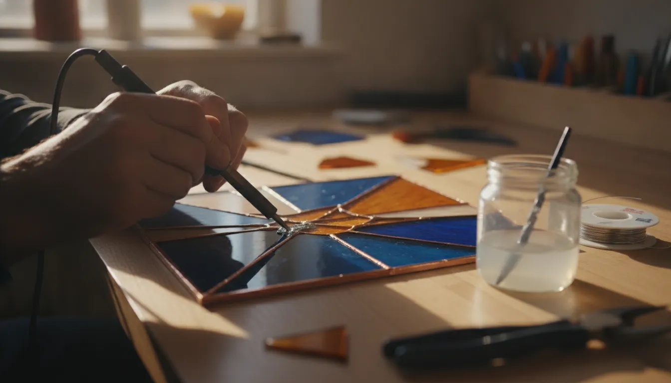 Glass artist applying flux while soldering a copper foil stained glass panel