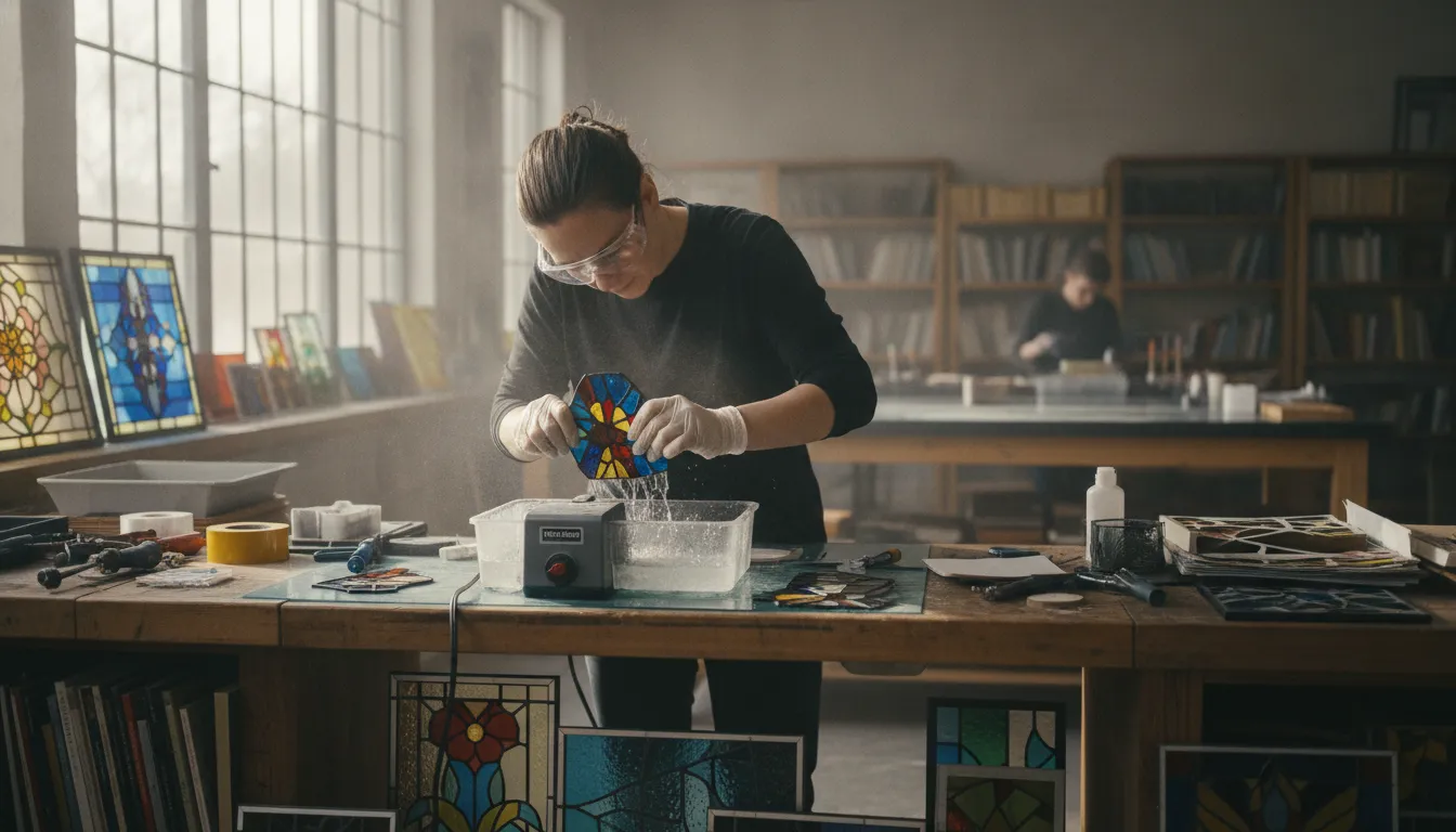 Artist scoring a stained glass sheet with hand tools on a studio workbench