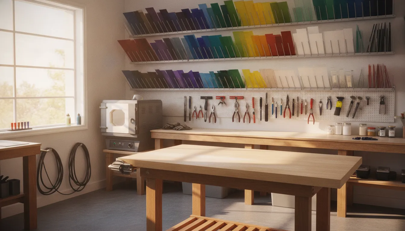 Organized home glass studio with kiln, workbench, glass, and tools