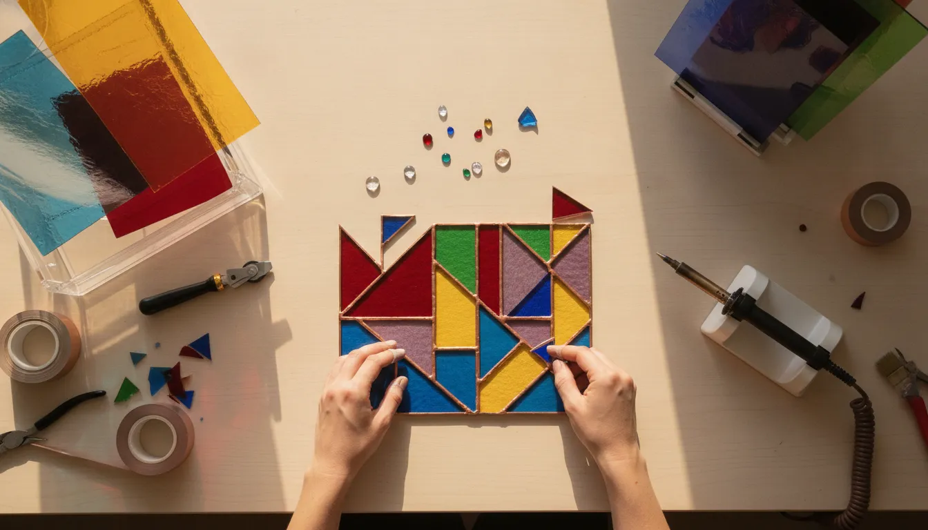Beginner assembling a colorful copper-foil stained glass panel