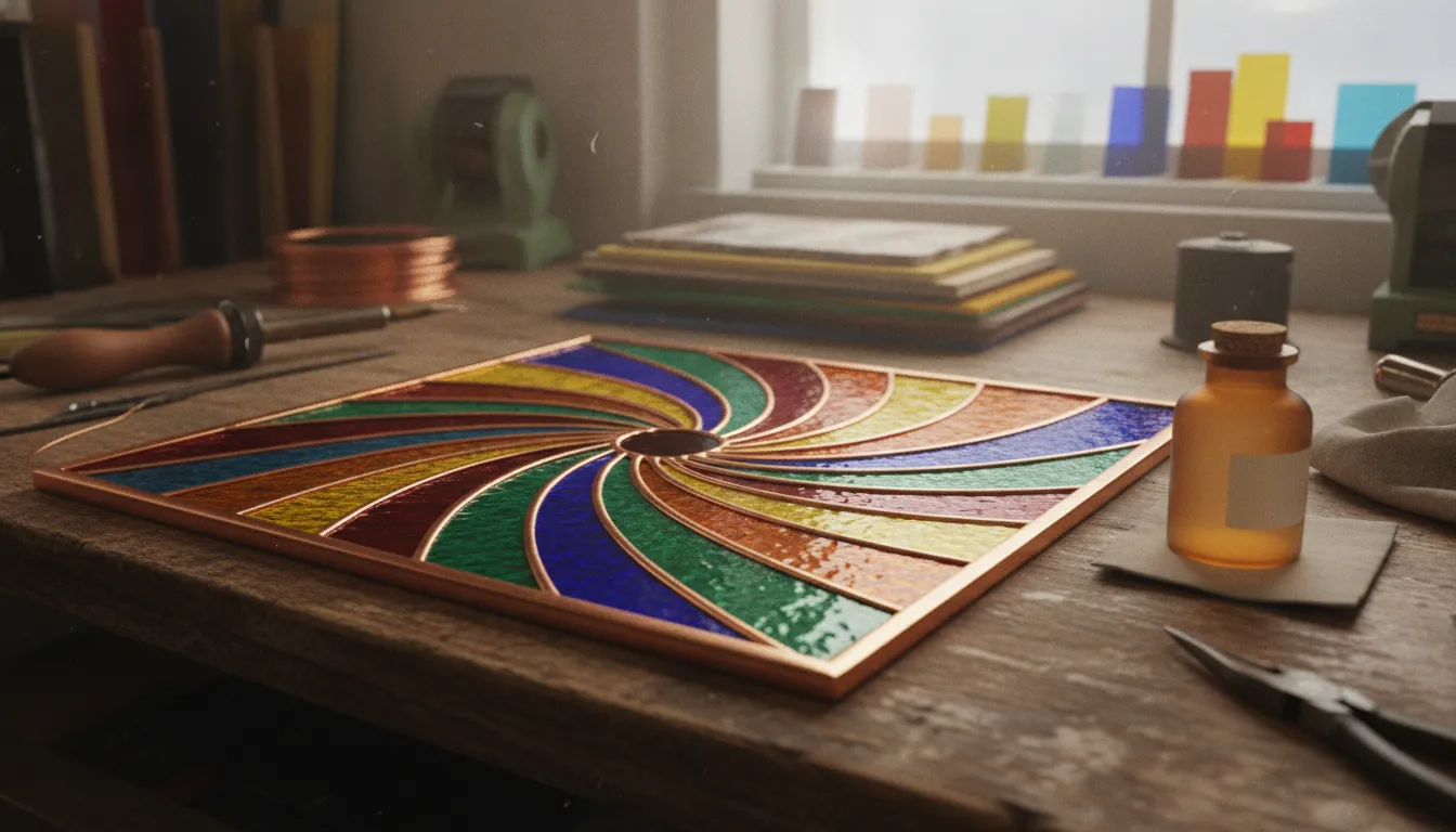 Stained glass panel with black and copper solder line finishes on an artist workbench