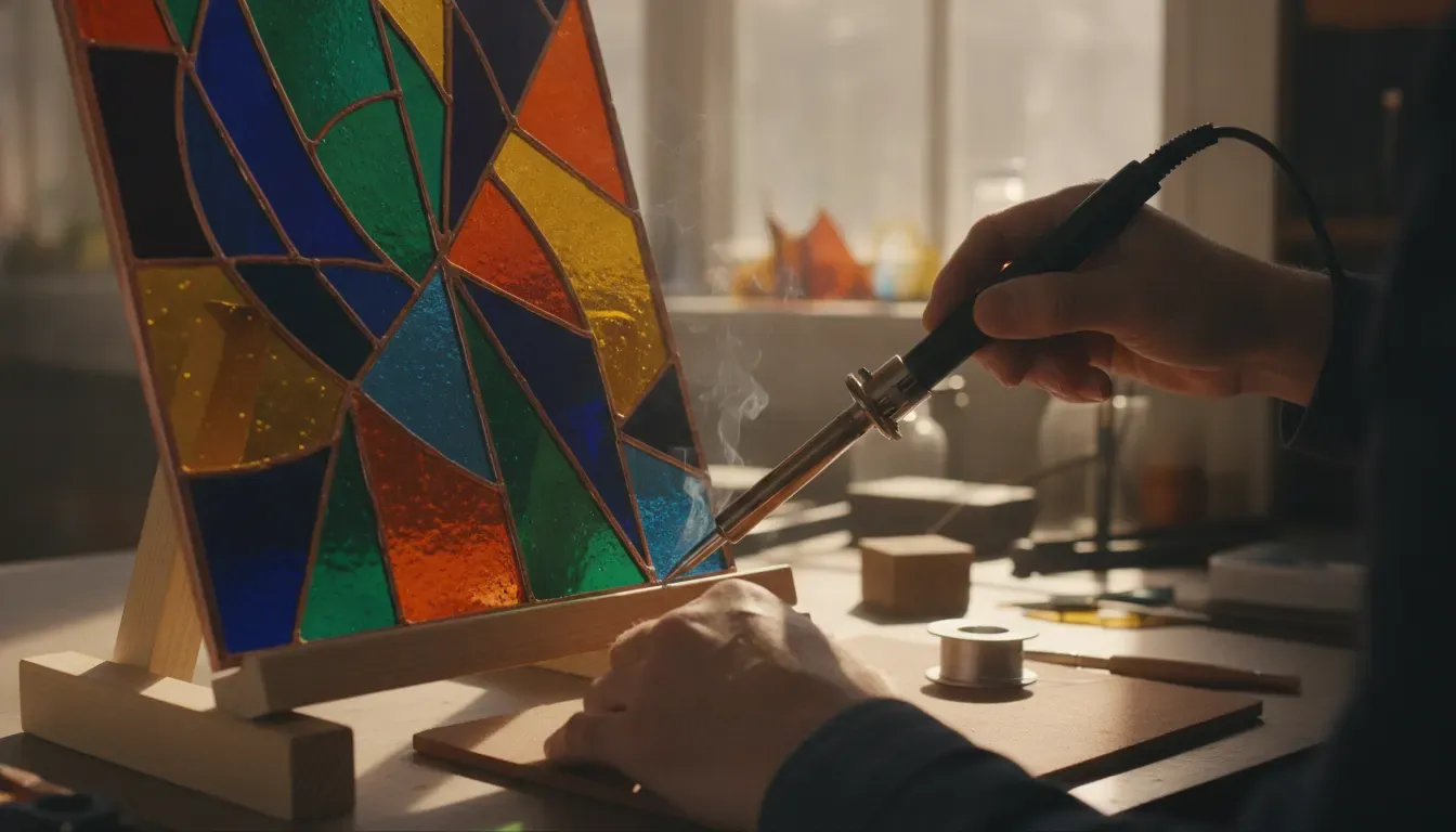 Artist controlling stained glass solder temperature on a copper foil seam