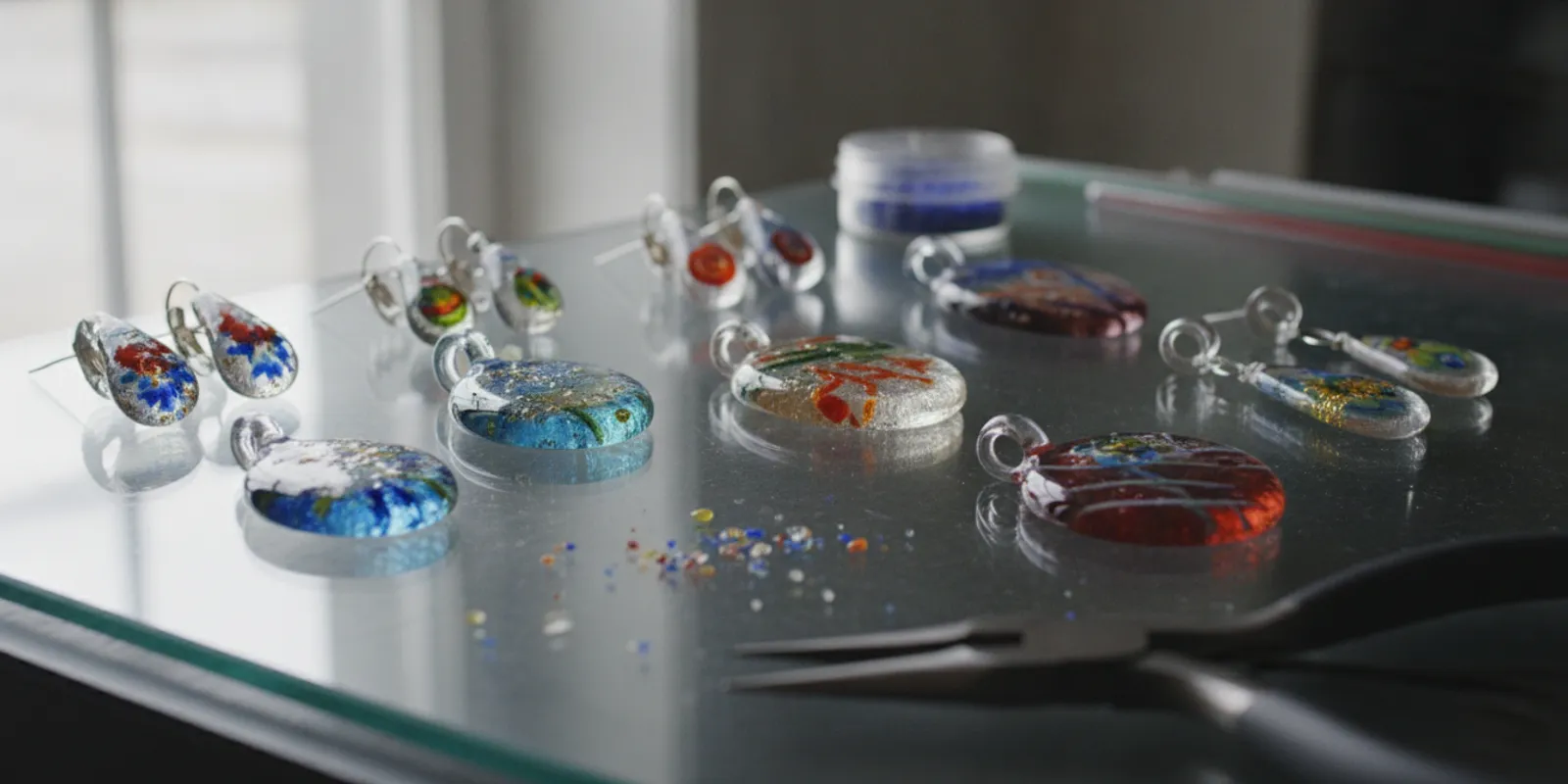 Small fused-glass jewelry pieces with colorful COE 96 frit accents on a studio work surface