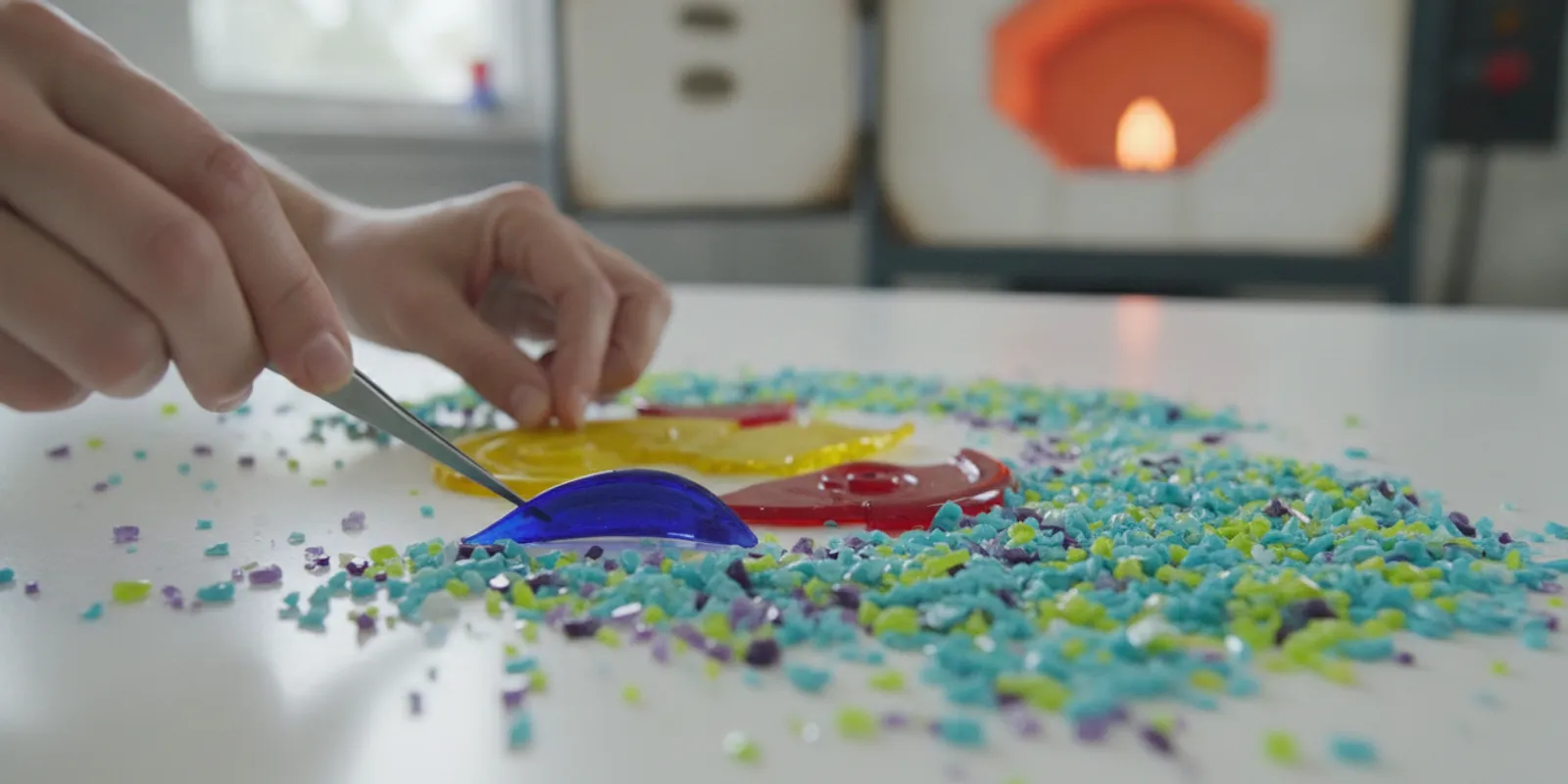 Artist arranging colored glass pieces on a kiln-fusing work surface