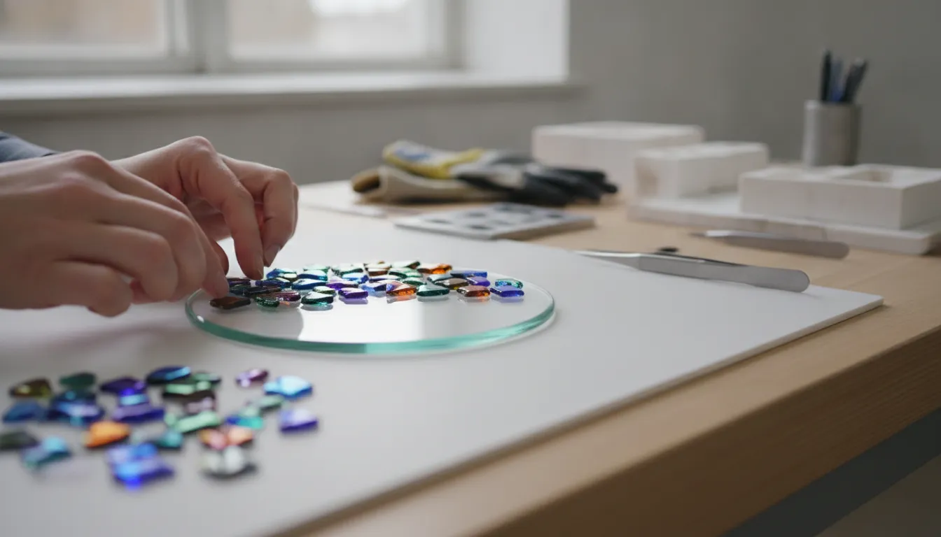 Artist arranging colorful dichroic glass pieces for a small fused design