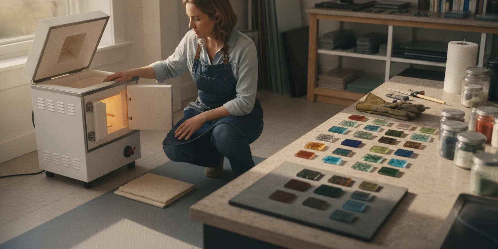Glass artist checking a compact kiln beside a small fused-glass project