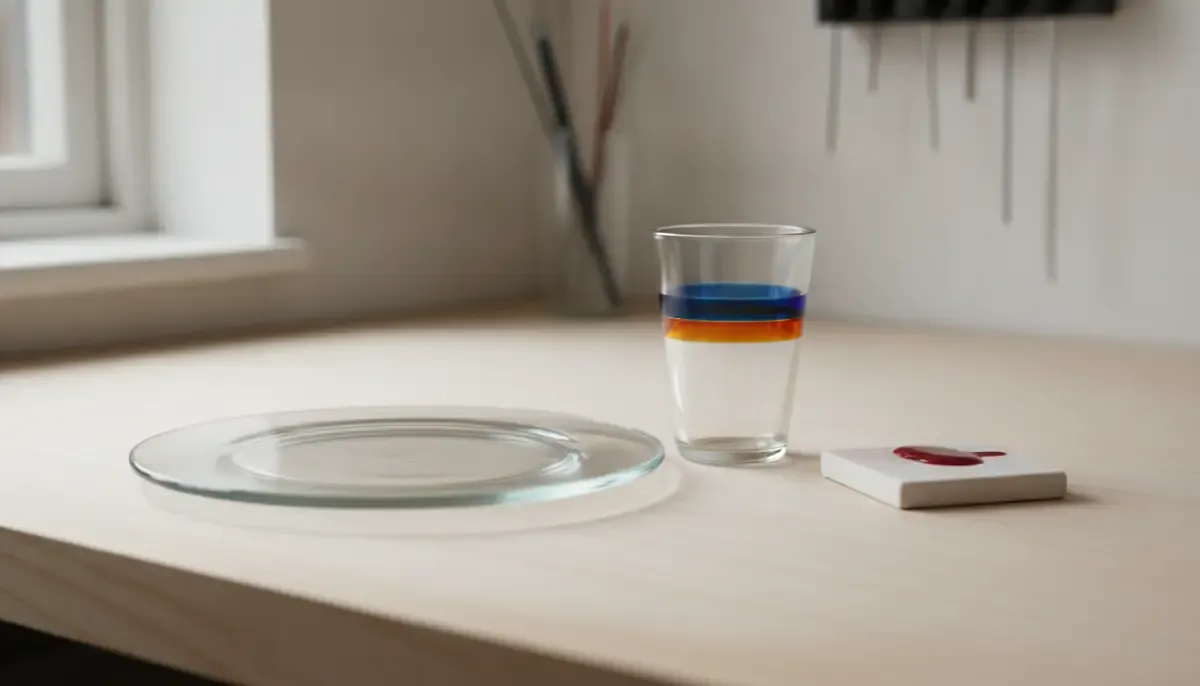 Clear glass plate and cup with a band of fired color on the cup, beside a small test tile