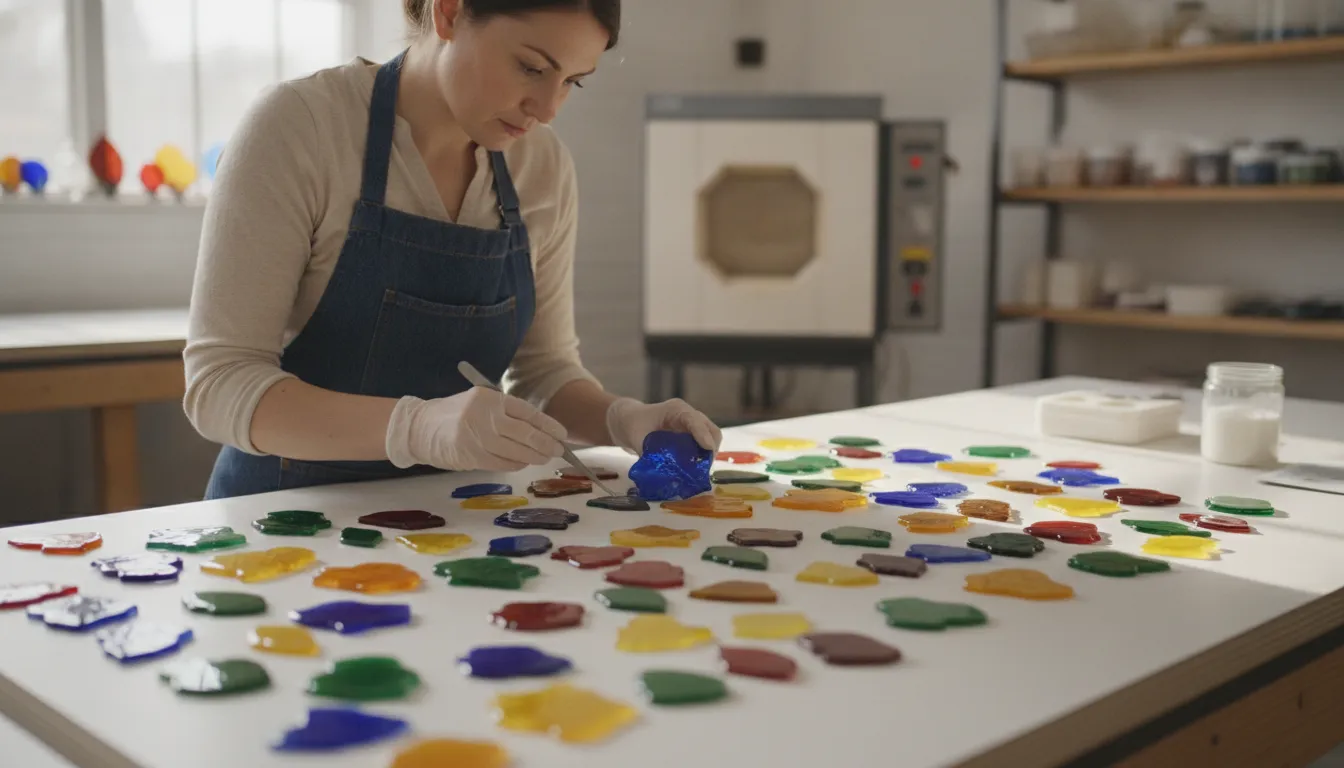 Artist arranging colorful fused-glass flower petals and leaves