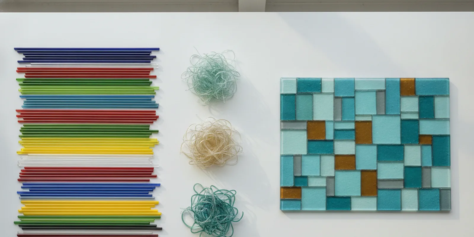 Thin glass stringers and wavy glass noodles arranged beside a fused glass design