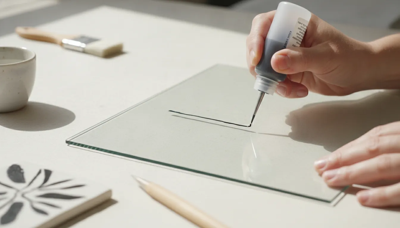 Artist drawing a thin line of fusing paint onto clean glass with a metal tip