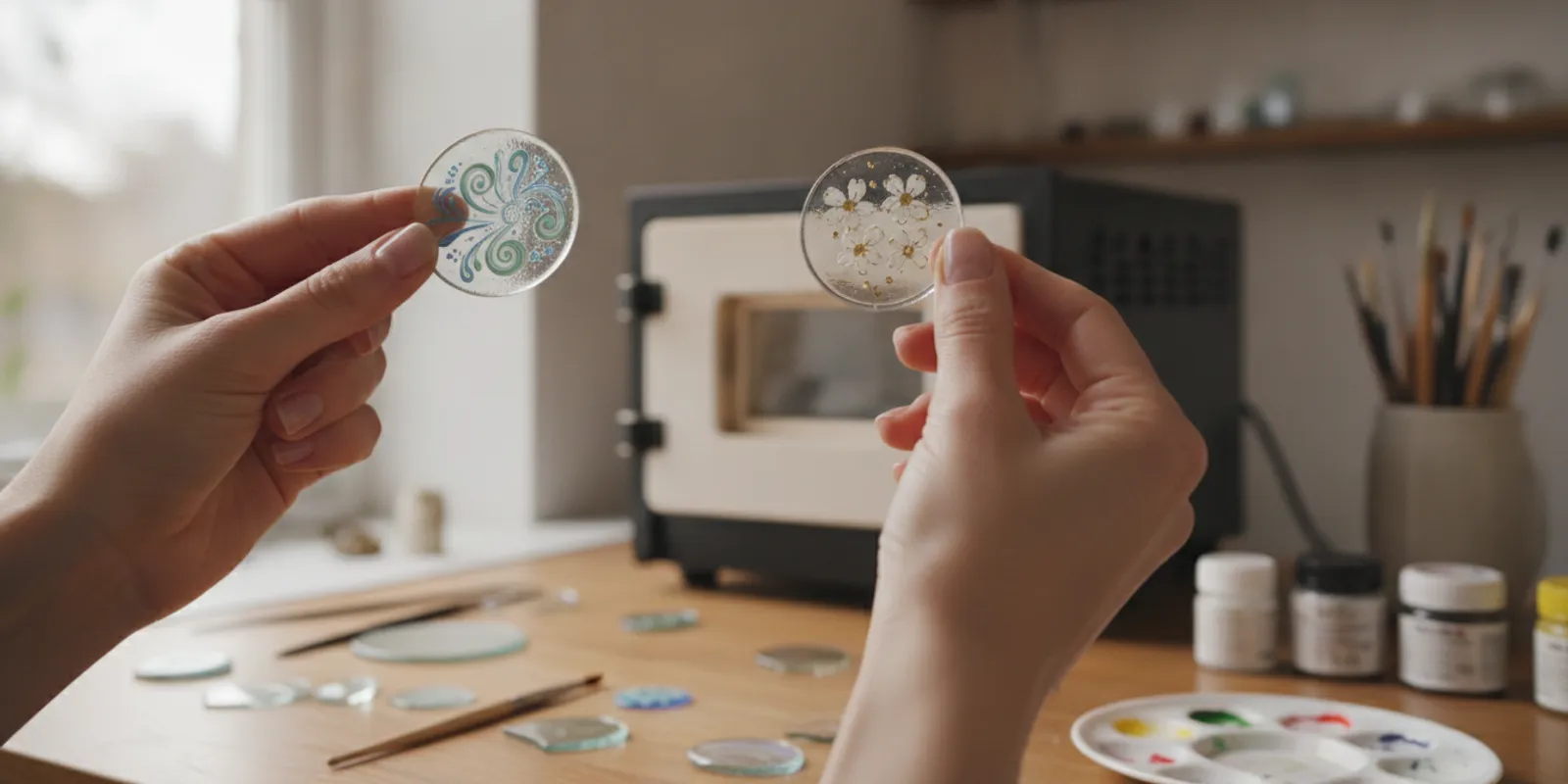 Glass artist examining painted glass samples beside a small kiln