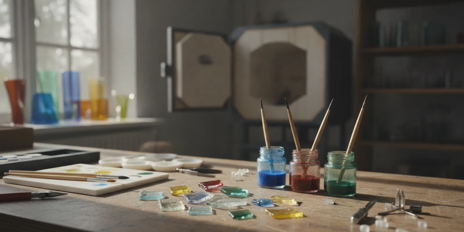Artist comparing glass paint colors beside a small fused-glass test piece
