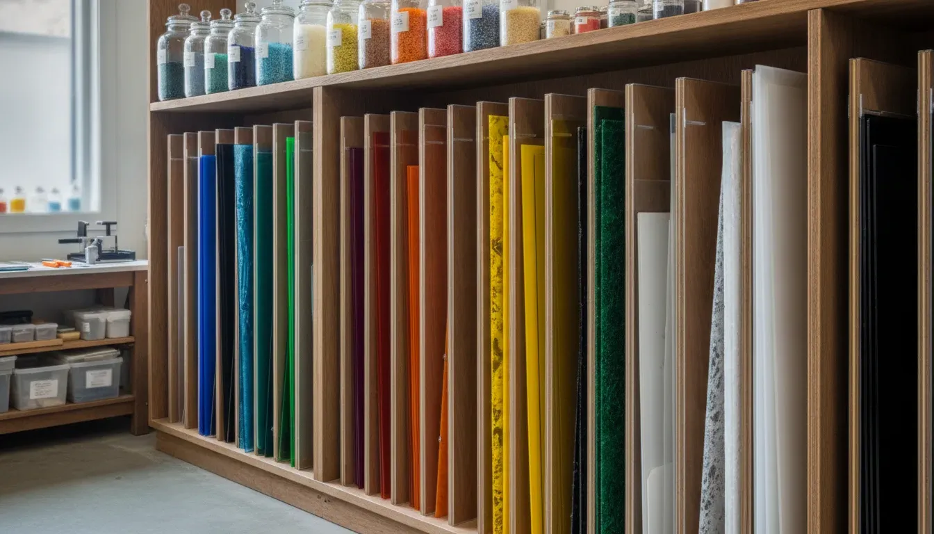 Organized fused glass supplies with colorful glass sheets and frit stored in a clean studio