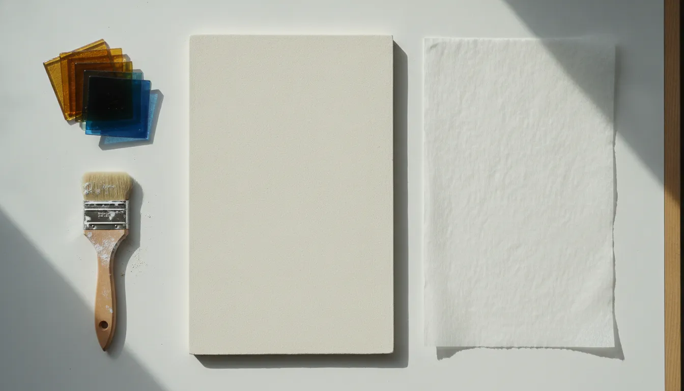 Kiln shelf with a thin coat of primer beside shelf paper and a small stack of glass