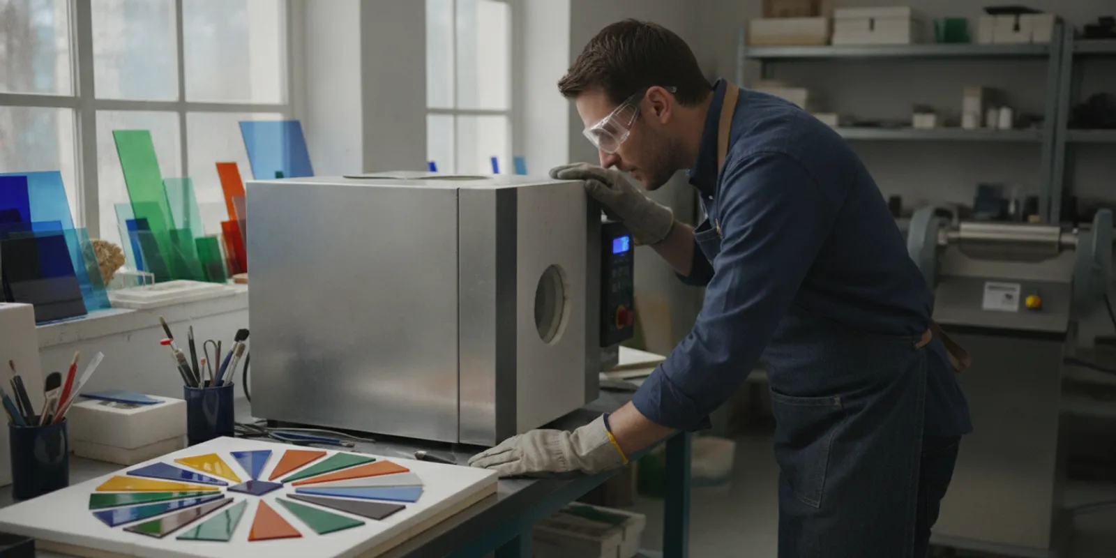 Glass artist checking a kiln in a studio