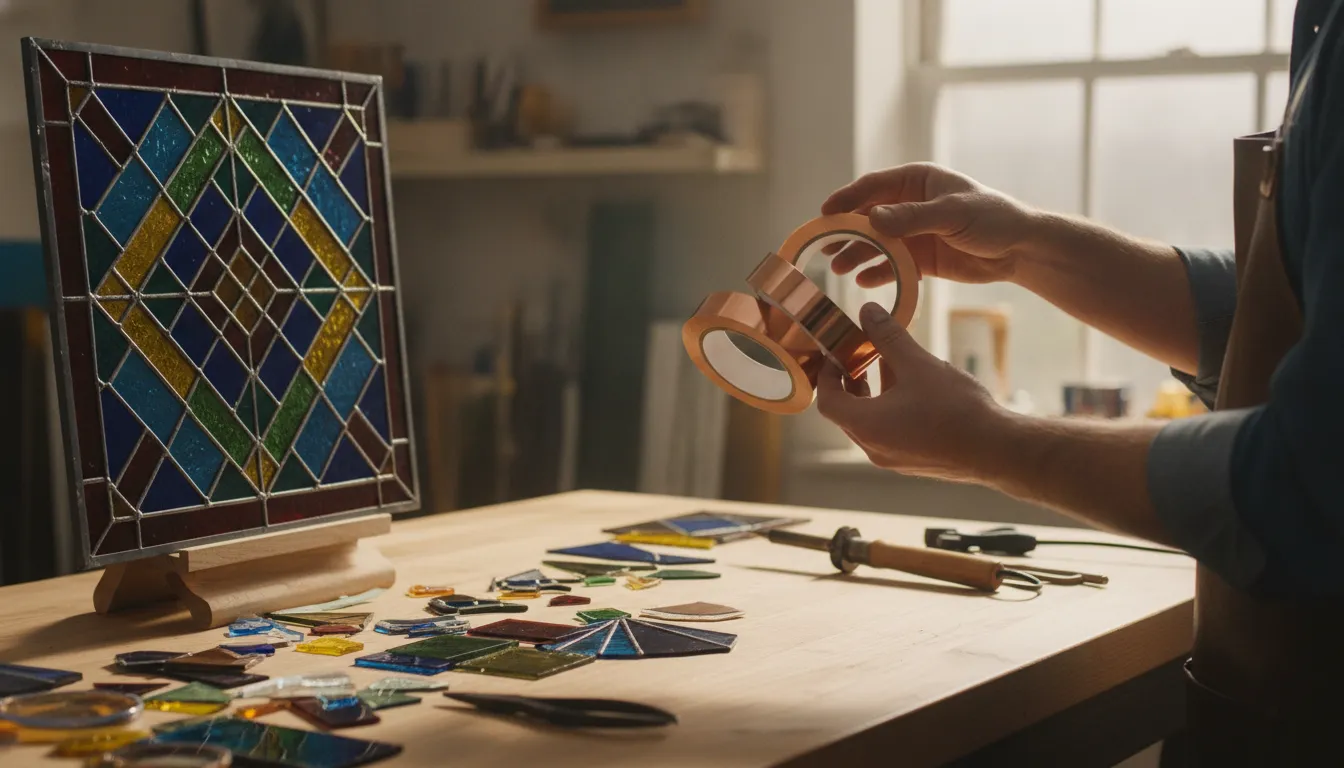 Artist comparing copper foil tape widths beside a stained glass panel