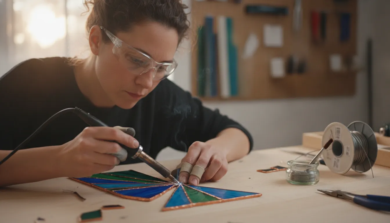 Artist soldering a copper foil stained glass panel at a studio workbench
