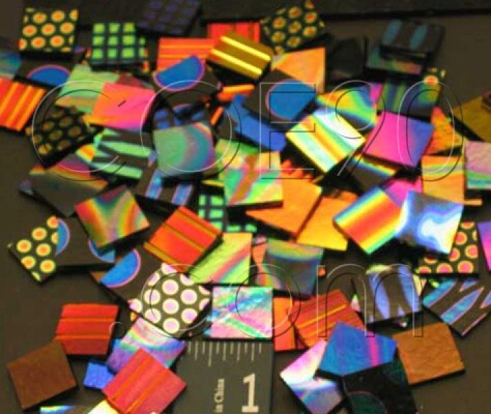 1/2 x 1/2 CBS Dichroic Patterned Squares on 2mm Thin Glass. Mixed Lot of 20 Squares Per Pack. COE90