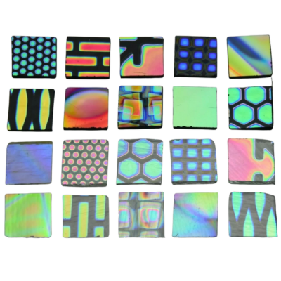 1 x 1 CBS Dichroic Patterned Squares on 2mm Thin Glass. Mixed Lot of 20 Squares Per Pack. COE90