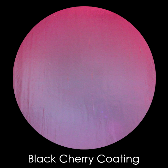 CBS Dichroic Coating Black Cherry on Wissmach Thin Black Dew Drop Textured Glass COE90