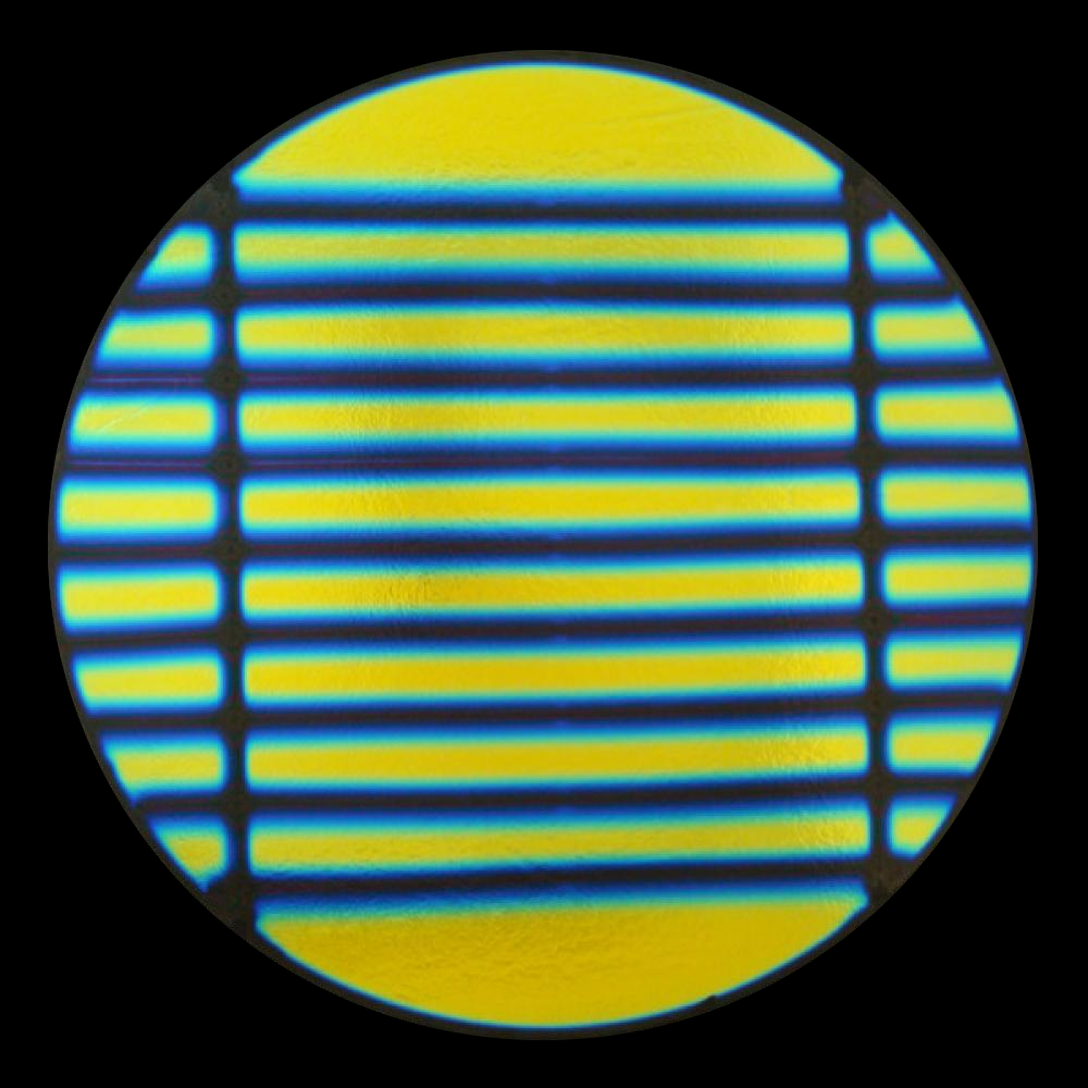 CBS Dichroic Coating Blue/ Gold 1.5 Stripes Pattern on Thin Black Glass COE90