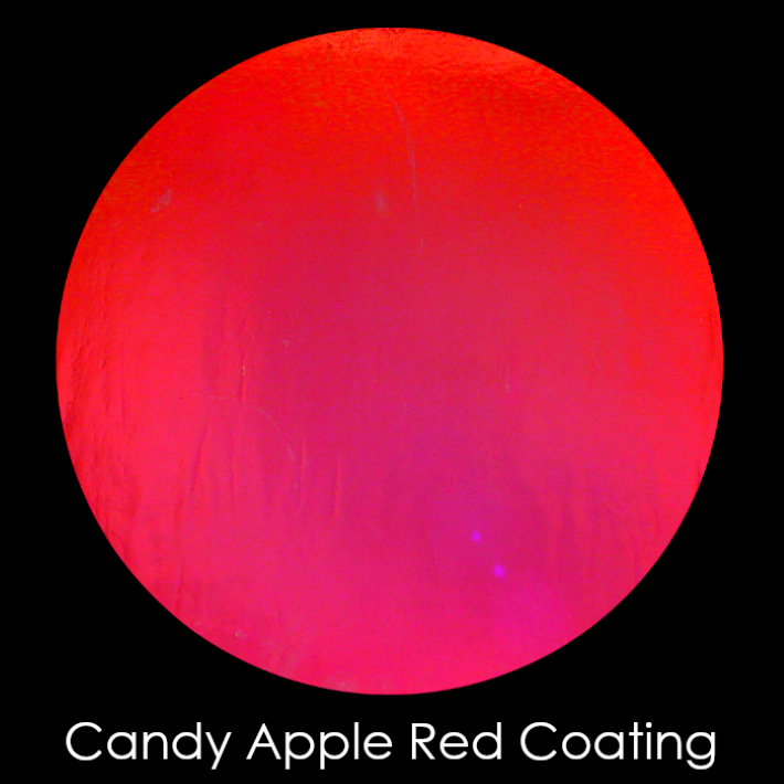 CBS Dichroic Coating Candy Apple Red Target Rainbow Voltage Pattern on Wissmach Thin Black Florentine Textured Glass COE90